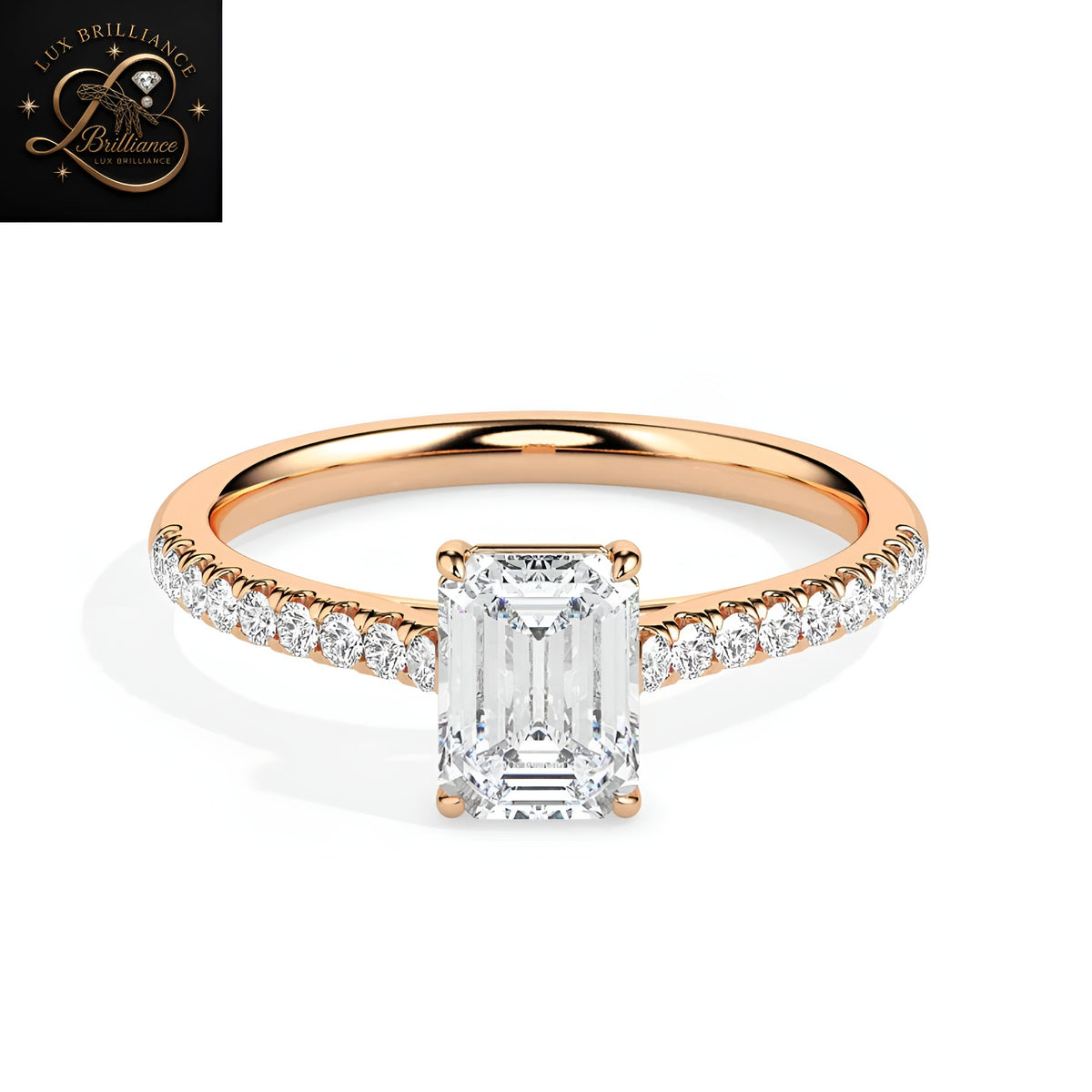 Emerald Cut Diamond Engagement Ring with Pavé Band in 14K / 18K Rose Gold