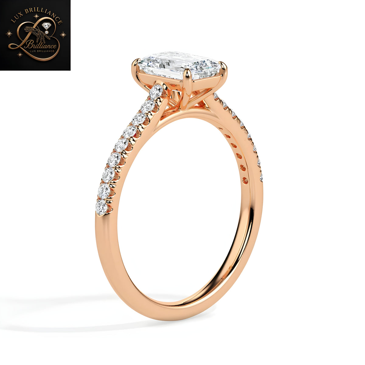 Emerald Cut Diamond Engagement Ring with Pavé Band in 14K / 18K Rose Gold