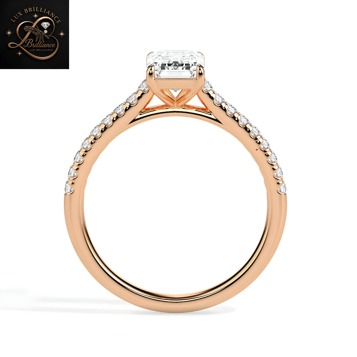 Emerald Cut Diamond Engagement Ring with Pavé Band in 14K / 18K Rose Gold