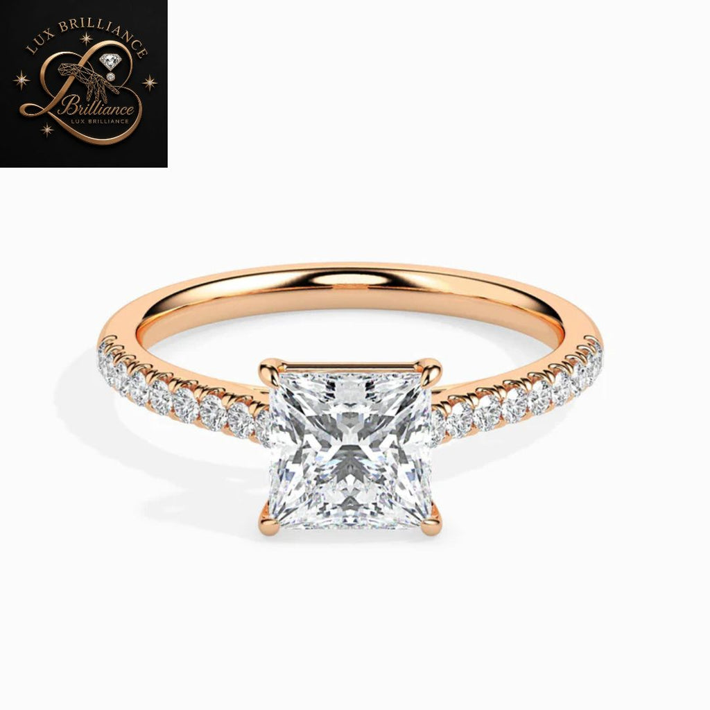 Princess Cut Diamond Pavé Engagement Ring | 18K Rose Gold wedding ring for her