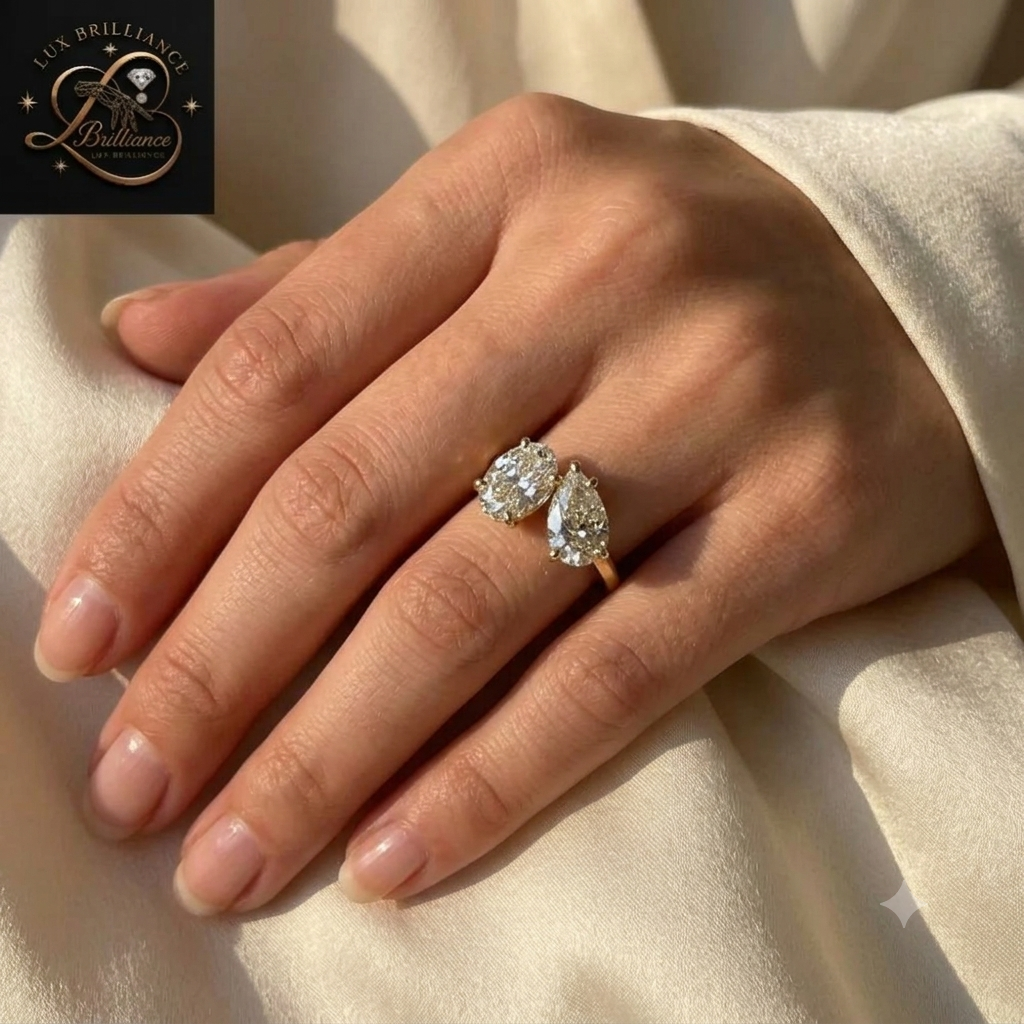 Toi et Moi Oval & Pear Cut Diamond Engagement Ring in 14K / 18K Yellow Gold | Gift For Her