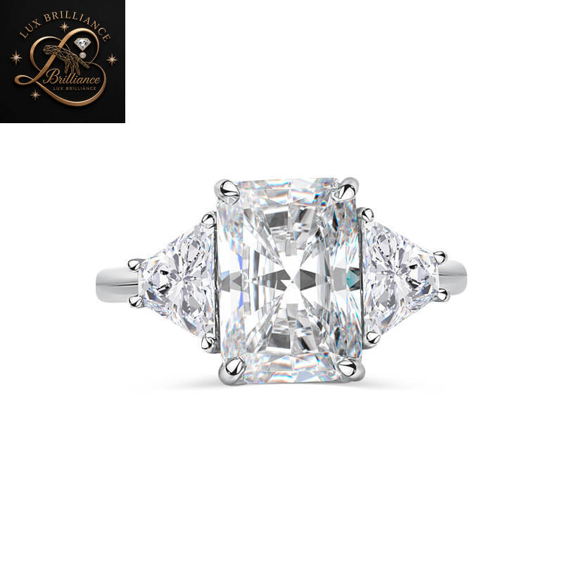 Unique Radiant Cut Diamond Three Stone Engagement Ring with Brilliant Cut Trapezoid Side Stones | 18K White Gold Ring