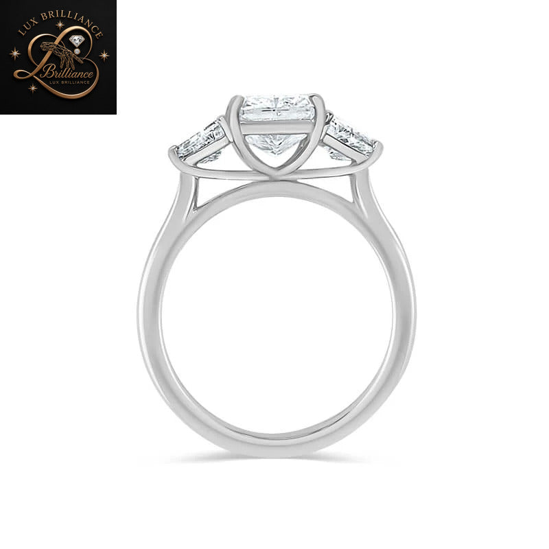 Unique Radiant Cut Diamond Three Stone Engagement Ring with Brilliant Cut Trapezoid Side Stones | 18K White Gold Ring