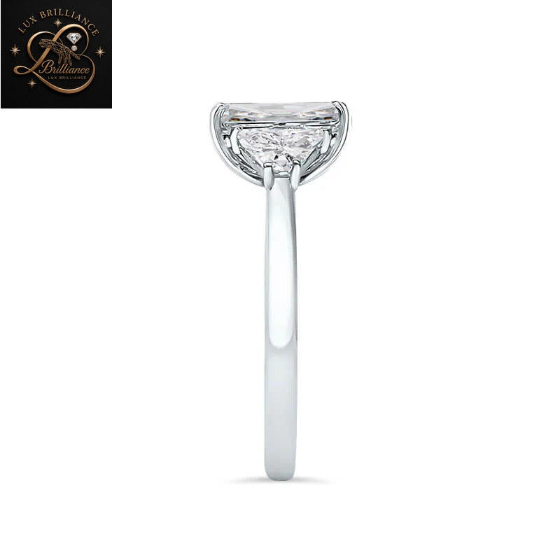 Unique Radiant Cut Diamond Three Stone Engagement Ring with Brilliant Cut Trapezoid Side Stones | 18K White Gold Ring