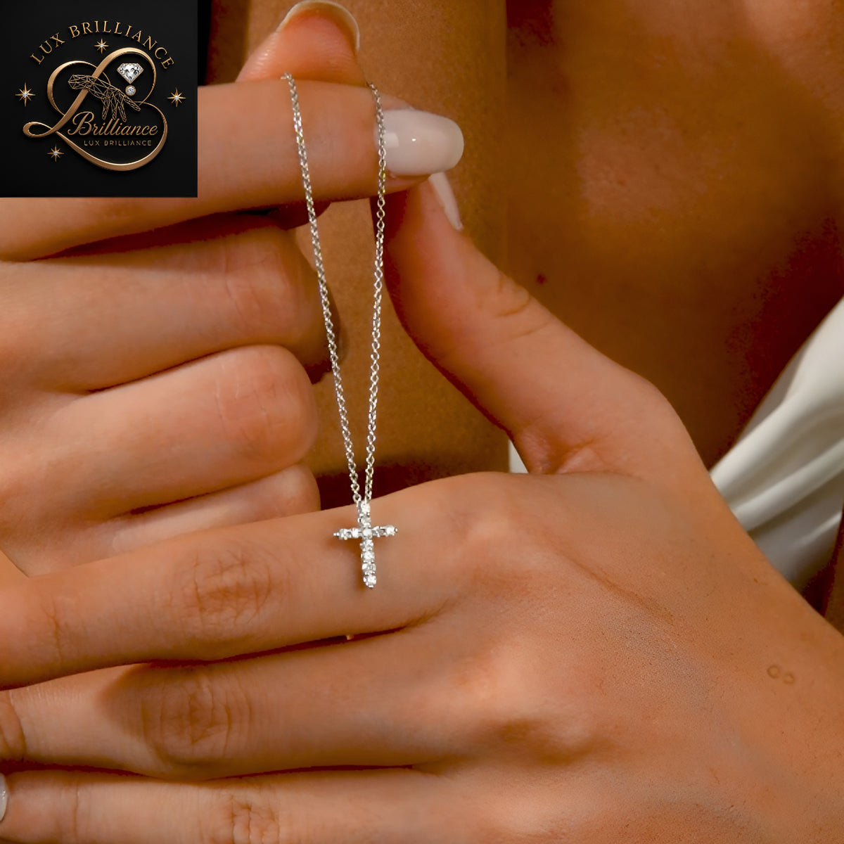 Elegant Round Cut Diamond Cross Necklace | 18k White Gold | Gift For Her