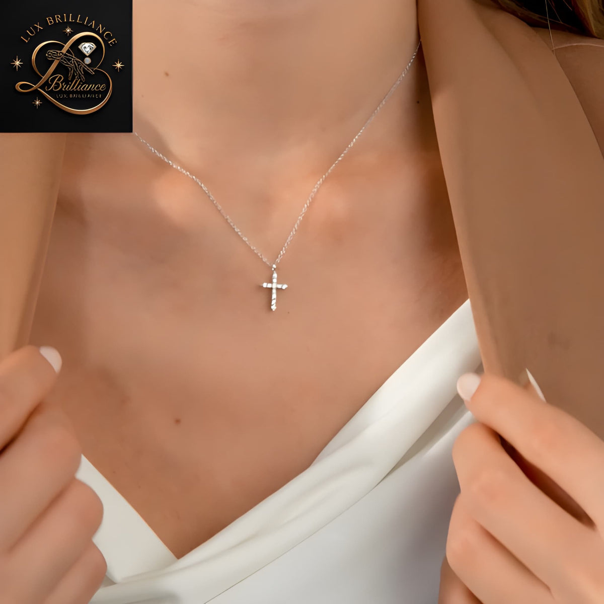 Prong-Set Diamond Cross Solitaire Pendant | 18k White Gold Cable Chain | Gift For Her