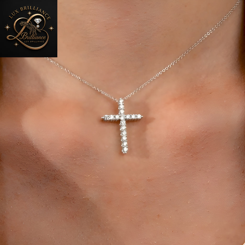 Prong-Set Diamond Cross Solitaire Pendant | 18k White Gold Cable Chain | Promise Gift