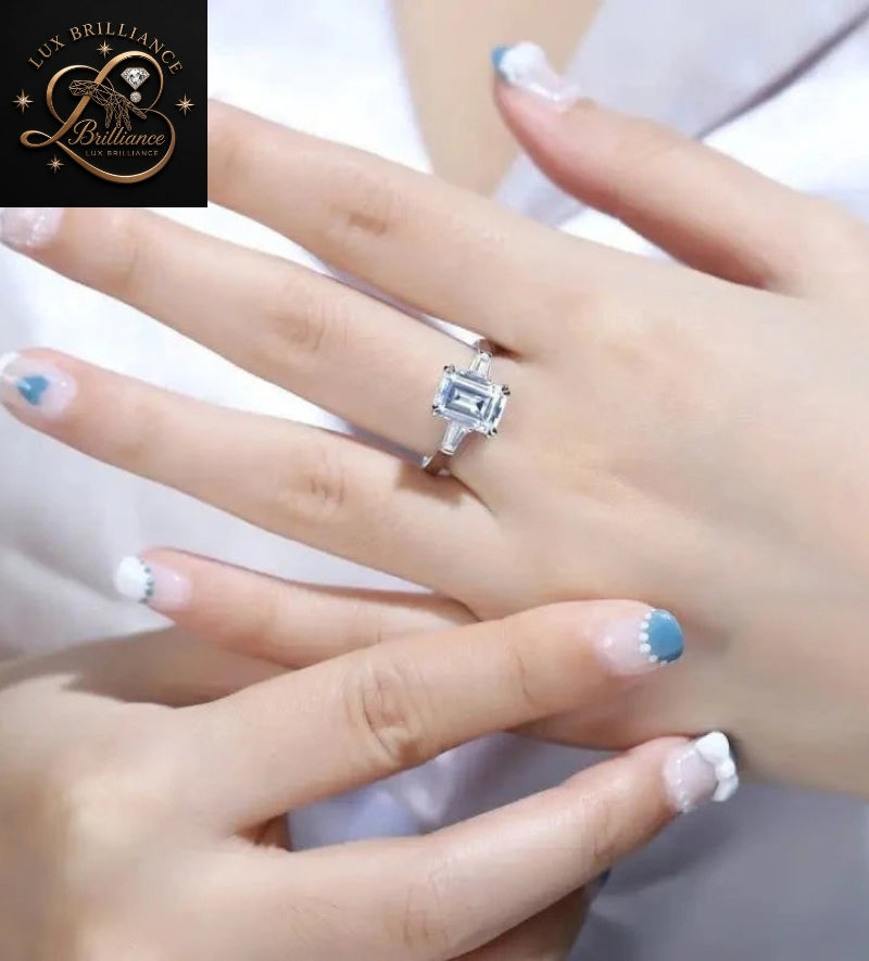 Three Stone Emerald Diamond Engagement Ring | Side Stone Tapered Baguettes Ring