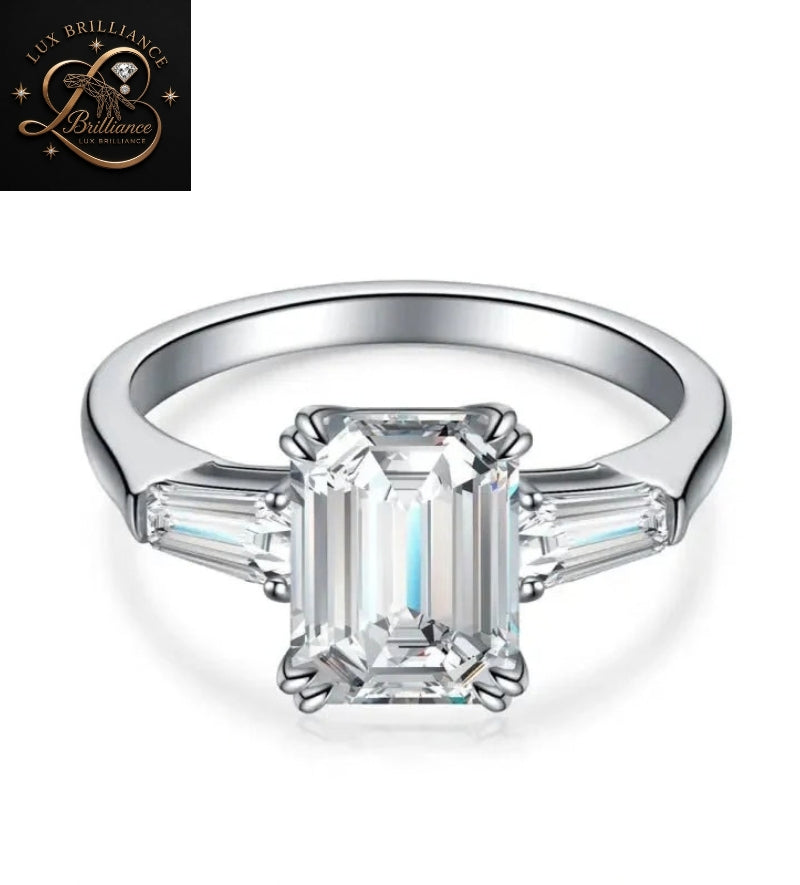 Three Stone Emerald Diamond Engagement Ring | Side Stone Tapered Baguettes Ring