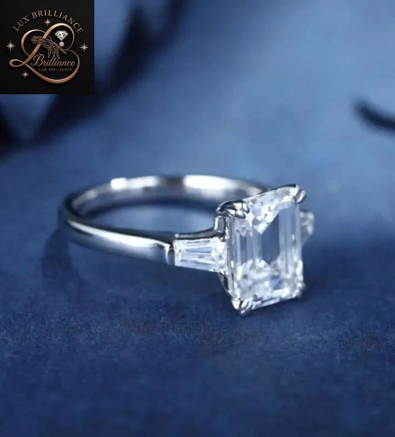 Three Stone Emerald Diamond Engagement Ring | Side Stone Tapered Baguettes Ring