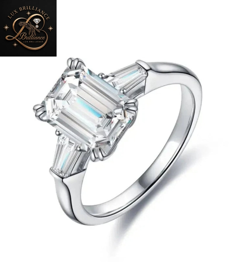 Three Stone Emerald Diamond Engagement Ring | Side Stone Tapered Baguettes Ring