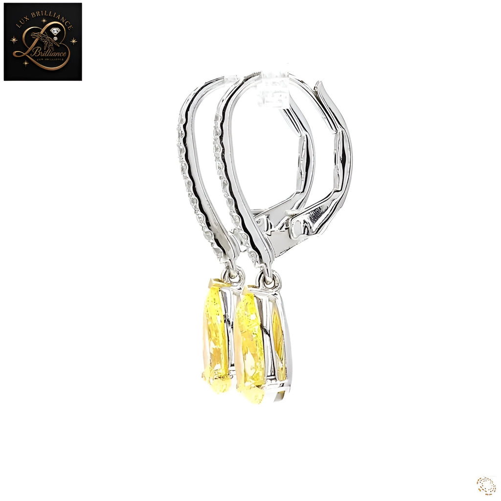 Yellow Pear Cut Lab-Grown Diamond  Earrings | Lever back Drop 14K White Gold Earrings