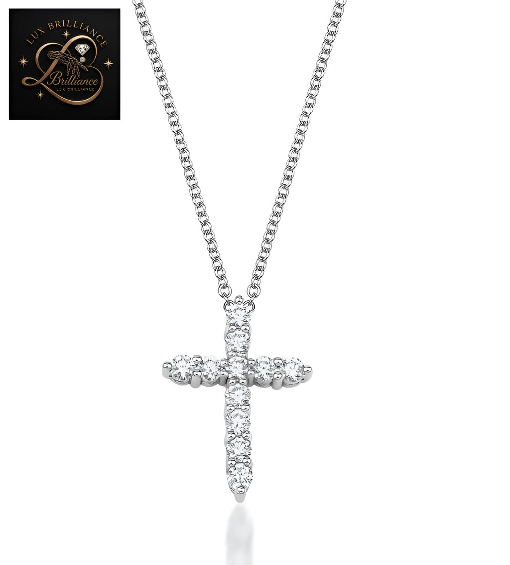 Elegant Round Cut Diamond Cross Necklace | 18k White Gold | Gift For Her