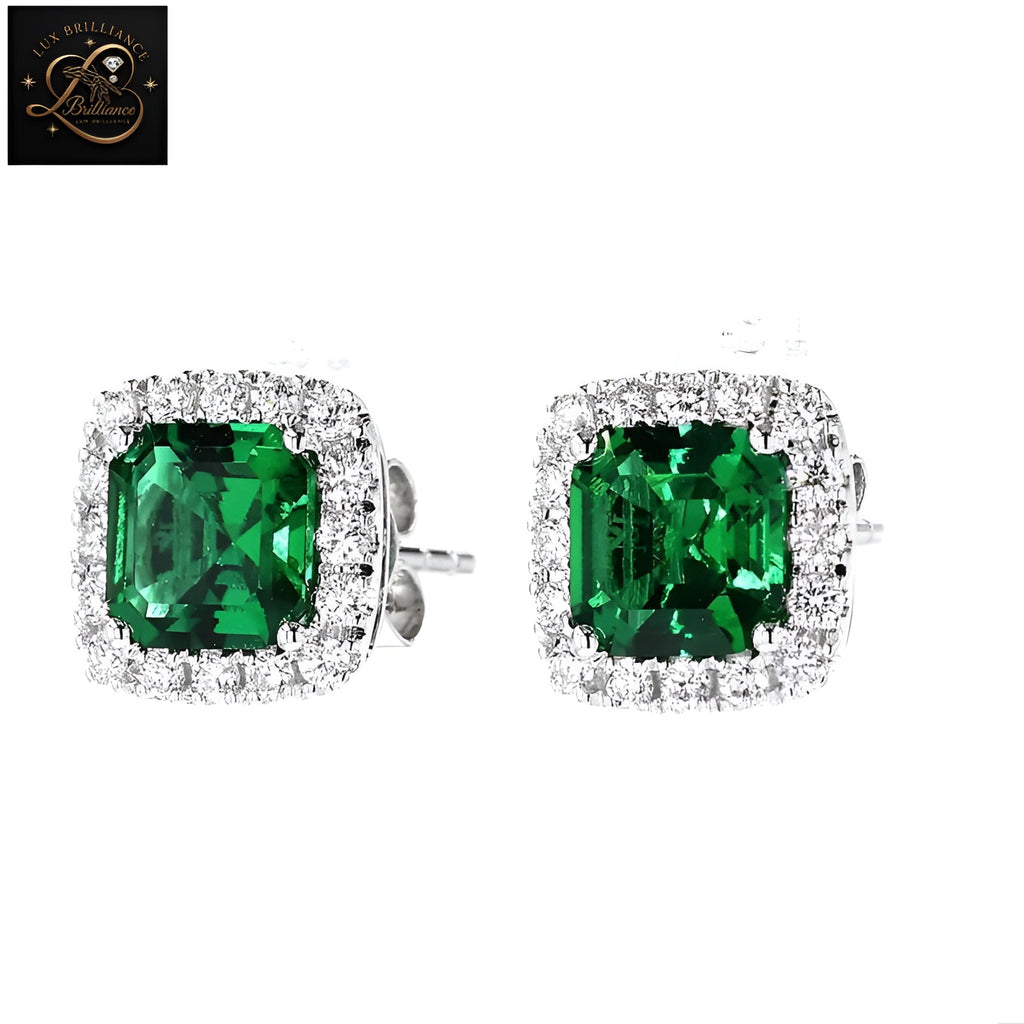 Emerald Cut Green Lab-Grown Diamond Earrings | 14K White Gold Halo-Solitaire Stud Earrings