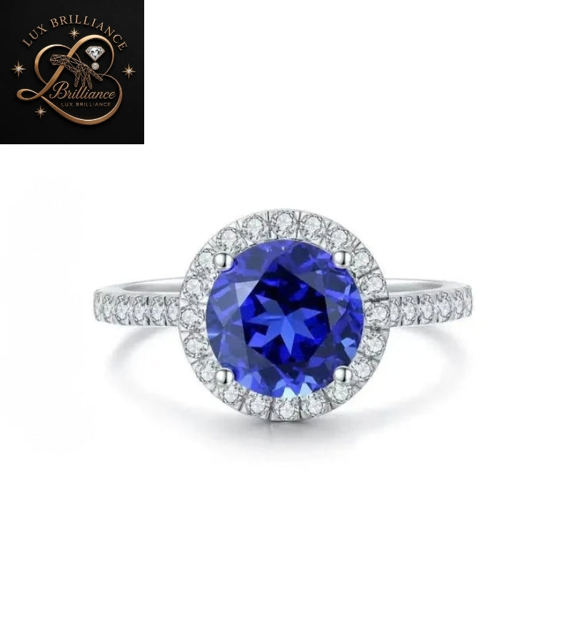 Round Diamond Blue Sapphire Ring | Micro Pave Halo Engagement Ring