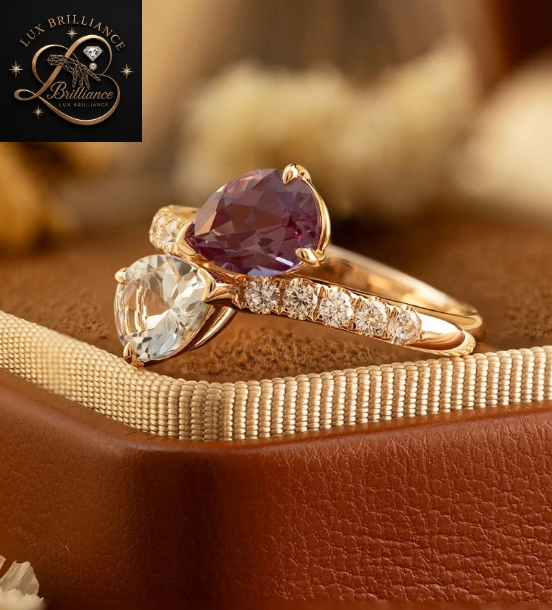 Toi et Moi Alexandrite & Aquamarine Pear Diamond Ring | 18K Rose Gold