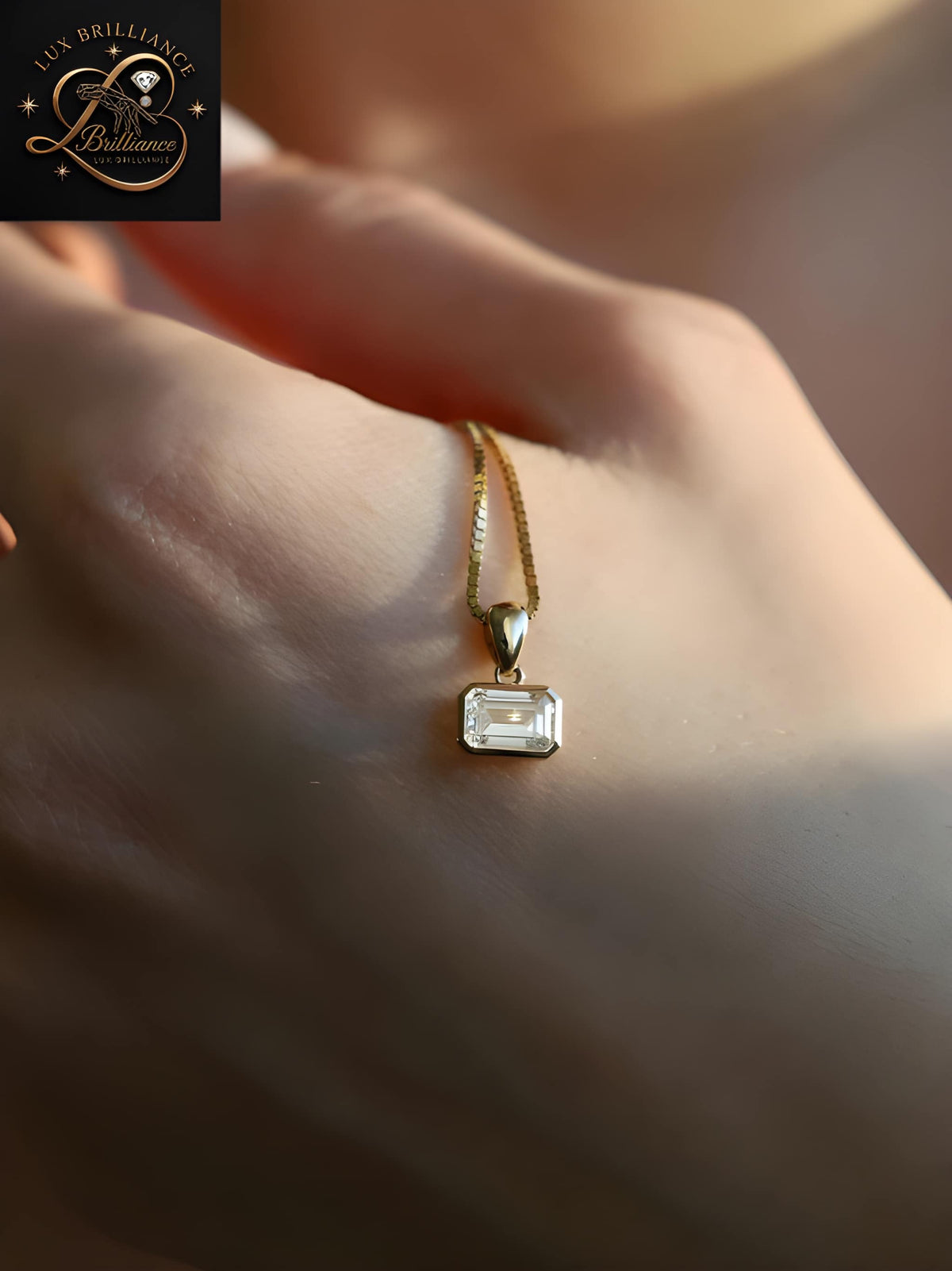 East-West Emerald Cut Diamond Solitaire Pendant |18K Gold Box Chain Necklace