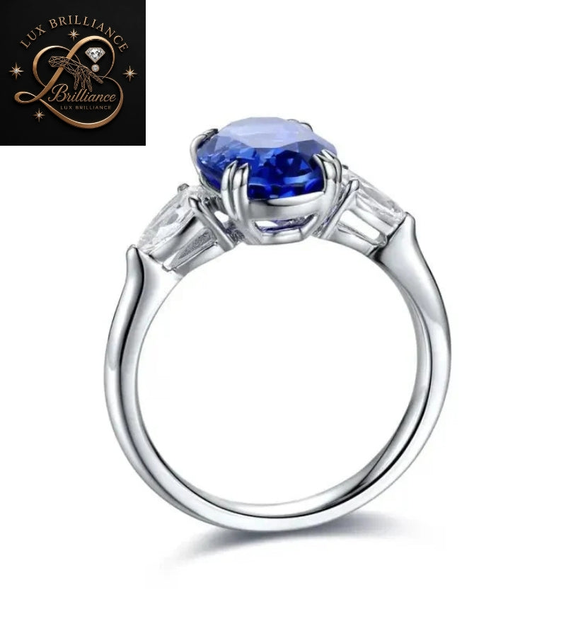 Oval Blue Sapphire Engagement Ring with Pear Diamond Side Stones | White Gold |Bridal Ring