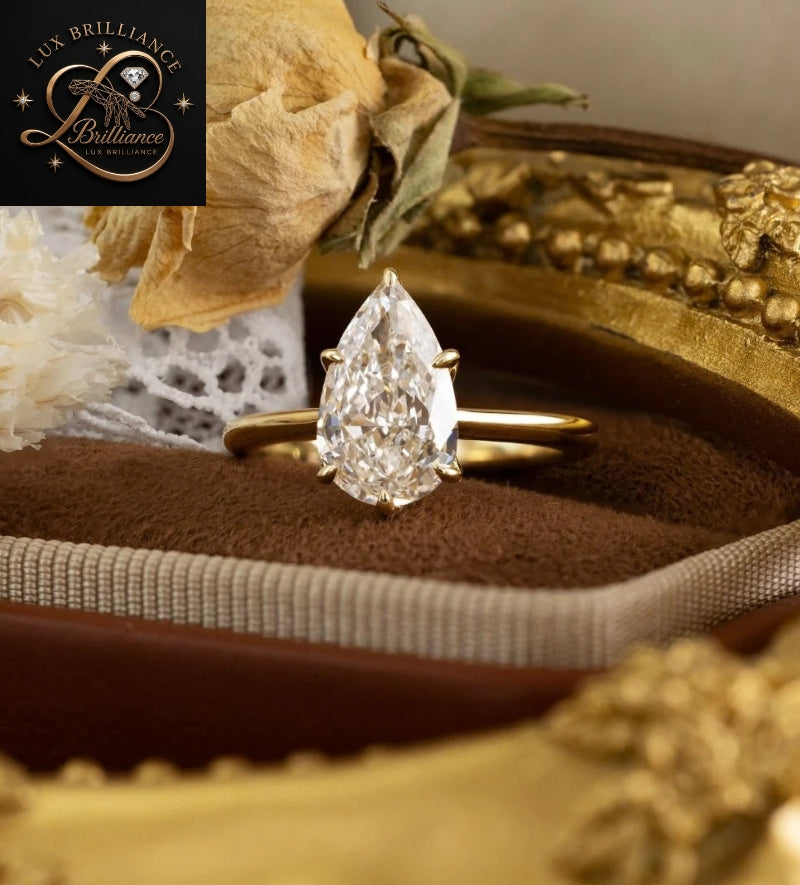Lotus Basket Pear Shaped Diamond Solitaire Ring in 14K / 18K Yellow Gold | Bridal Surprise Gift