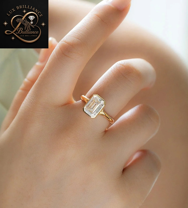 Modern Emerald Cut Diamond Bezel Set Ring | Solid Gold Solitaire