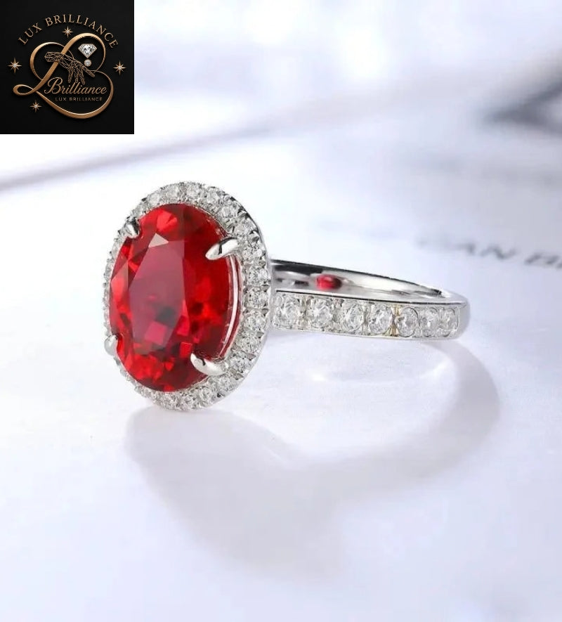 Oval Cut Ruby Diamond Engagement Ring | Cathedral Pave Shank Halo Ring