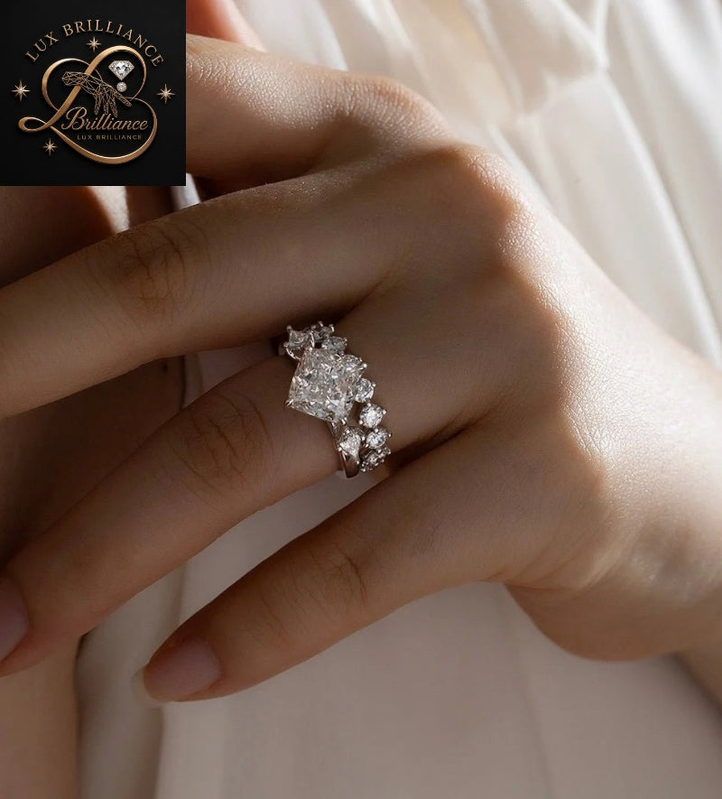 Three Stone Cushion Cut Diamond Engagement Ring with Kite Accent Stones | White Gold Diamond Wedding Ring
