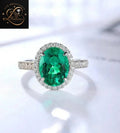Classic Oval Green Emerald Diamond Halo Ring | 18K White Gold Christmas Gift