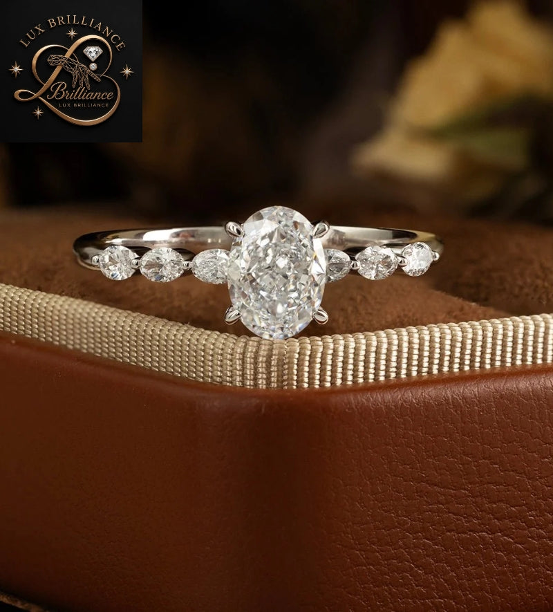 Antique Oval Cut Diamond Engagement Ring with Accent Side Stones in White Gold | Gift For Her