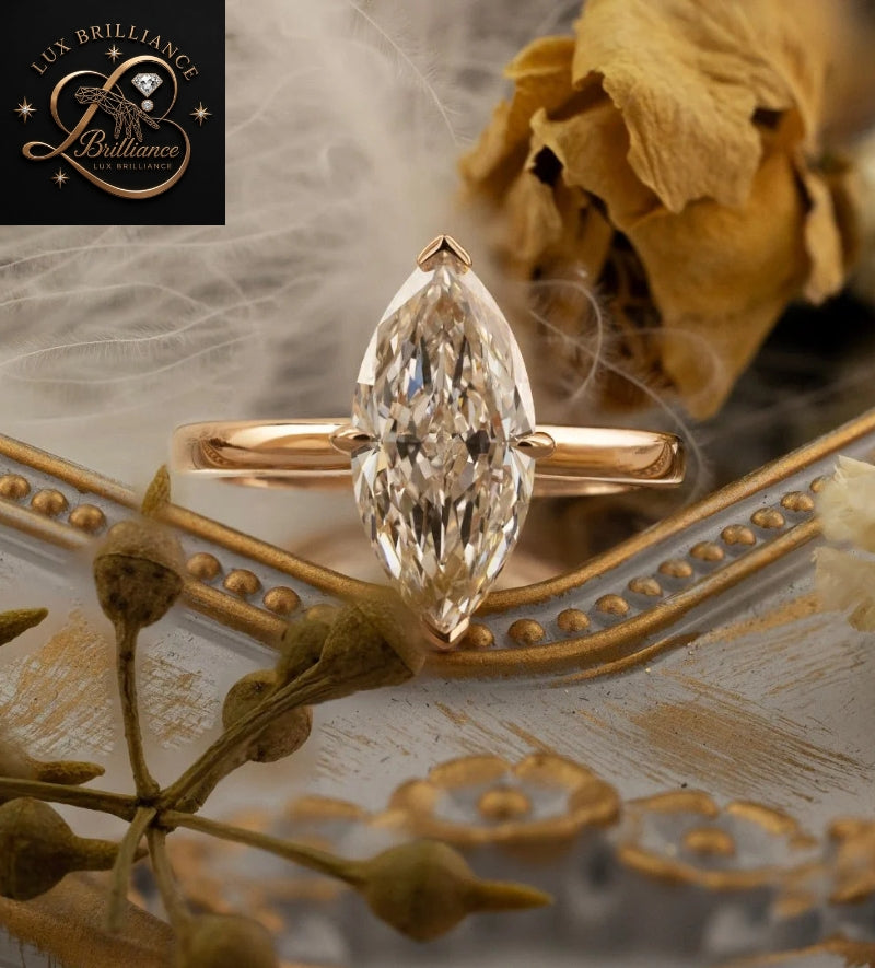 Solid 14k Rose Gold Marquise Cut Diamond Ring | V-Prong Solitaire Engagement Ring