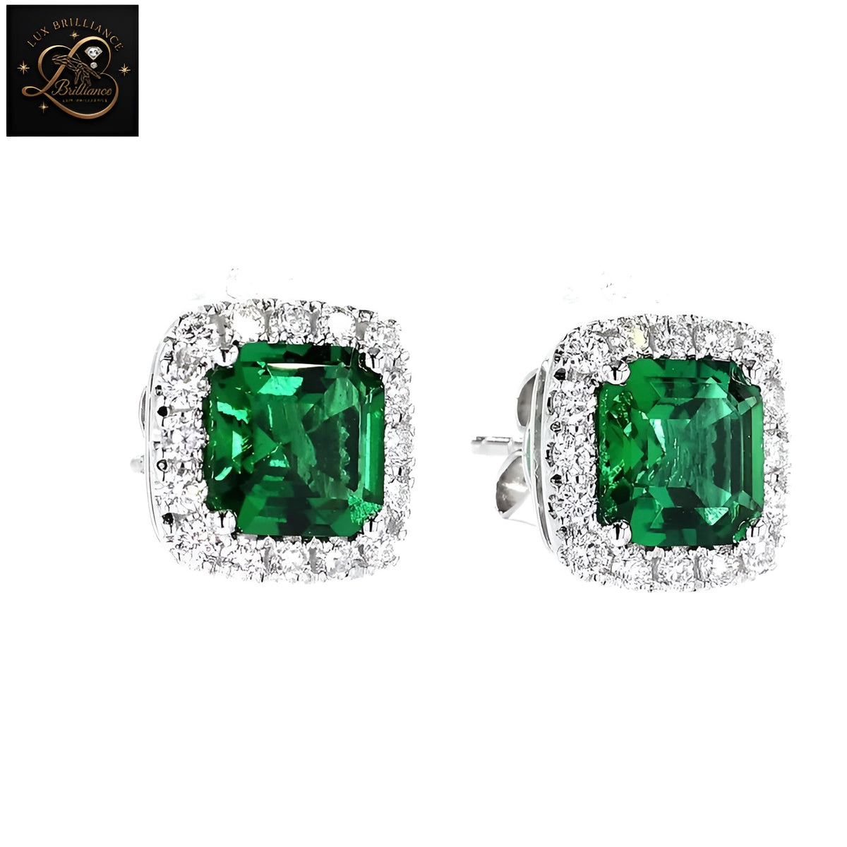 Emerald Cut Green Lab-Grown Diamond Earrings | 14K White Gold Halo-Solitaire Stud Earrings
