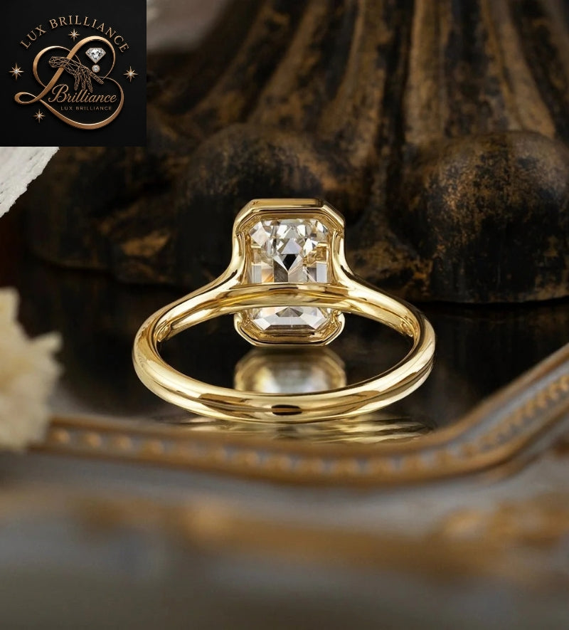 Modern Emerald Cut Diamond Bezel Set Ring | Solid Gold Solitaire