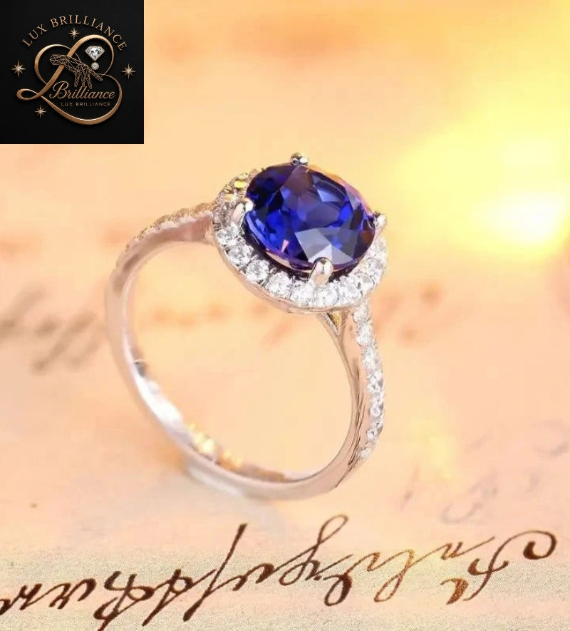 Round Diamond Blue Sapphire Ring | Micro Pave Halo Engagement Ring