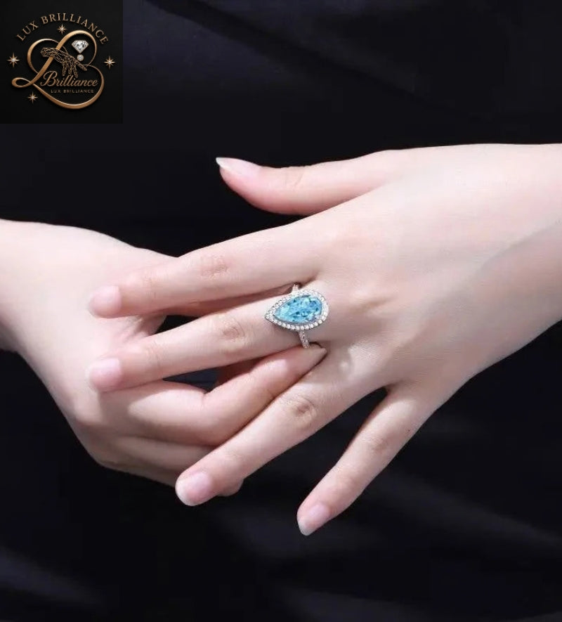 Teardrop Blue Topaz Diamond Halo Ring | Full Eternity Solitaire Ring