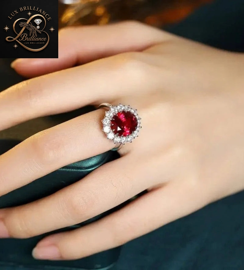 Oval Cut Ruby Gemstone Ring | Floral Halo White Gold Ring | Wedding Ring