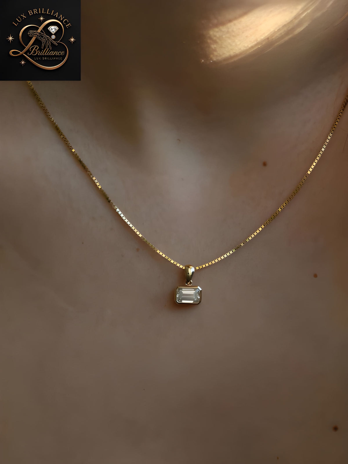 East-West Emerald Cut Diamond Solitaire Pendant |18K Gold Box Chain Necklace