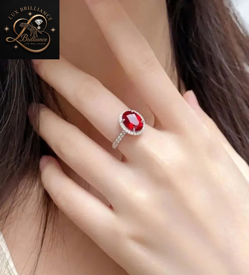 Oval Cut Ruby Diamond Engagement Ring | Cathedral Pave Shank Halo Ring