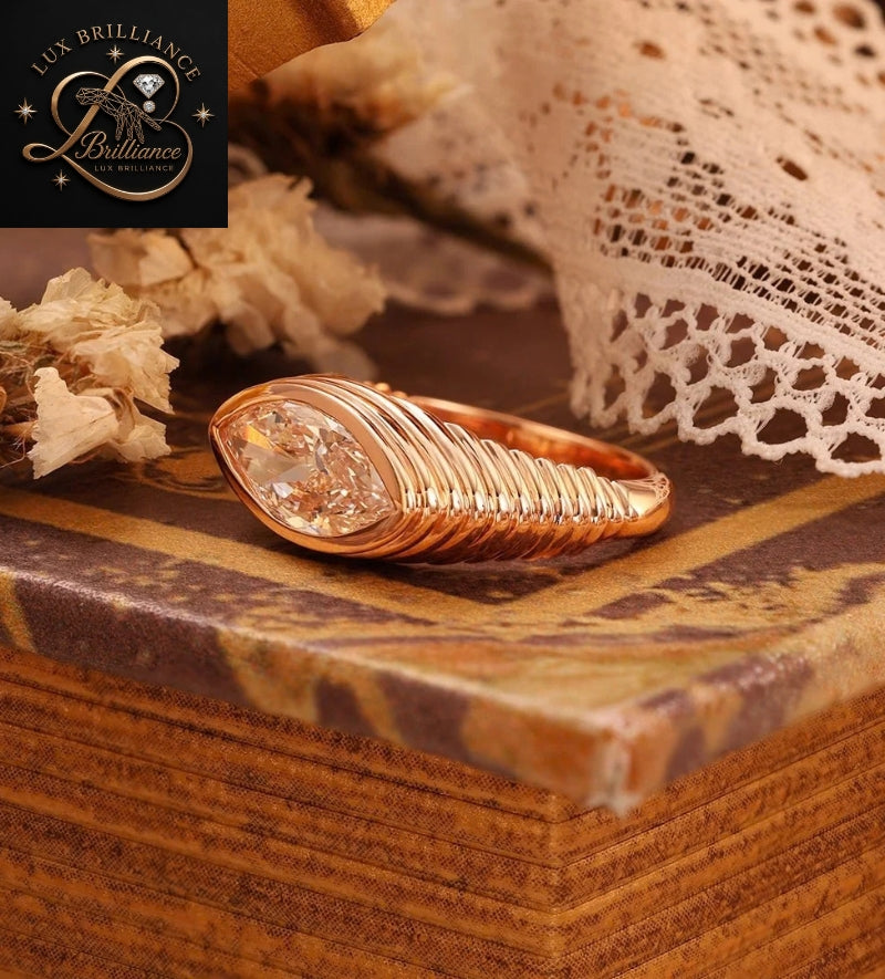 Rose Gold Fluted Ribbed Marquise Cut Diamond Bezel Solitaire Ring