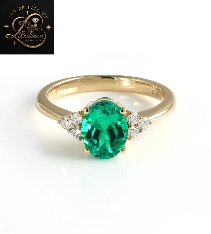 Vintage Green Emerald Oval Cut Diamond Ring with Round Diamond Clusters | Yellow Gold Band Ring