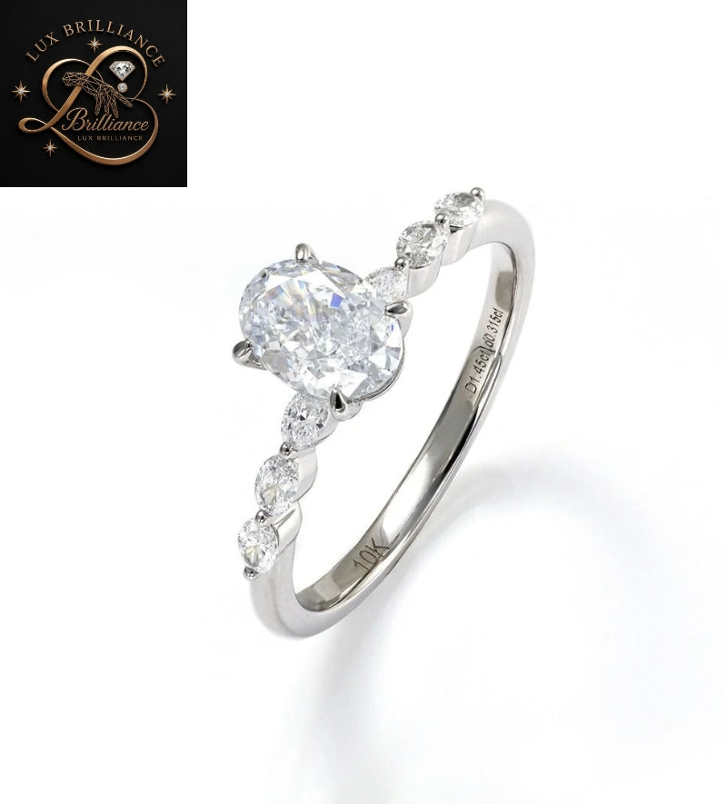 Antique Oval Cut Diamond Engagement Ring with Accent Side Stones in White Gold | Gift For Her