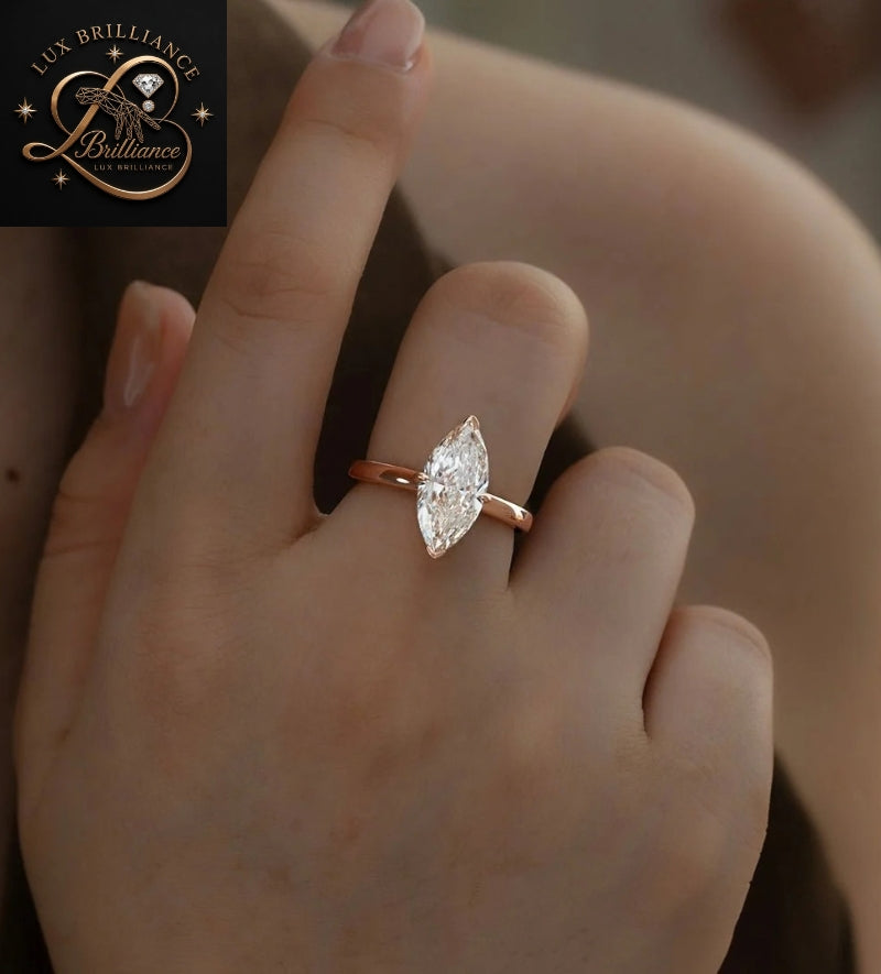 Solid 14k Rose Gold Marquise Cut Diamond Ring | V-Prong Solitaire Engagement Ring