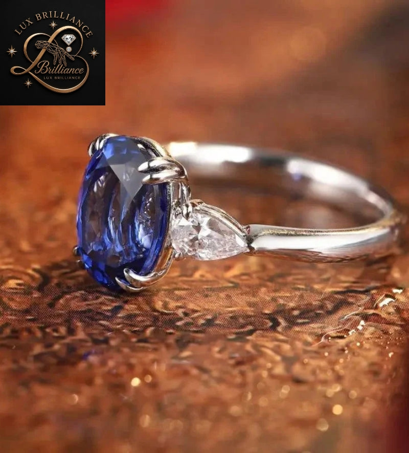 Oval Blue Sapphire Engagement Ring with Pear Diamond Side Stones | White Gold |Bridal Ring