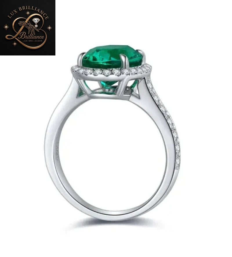 Classic Oval Green Emerald Diamond Halo Ring | 18K White Gold Christmas Gift
