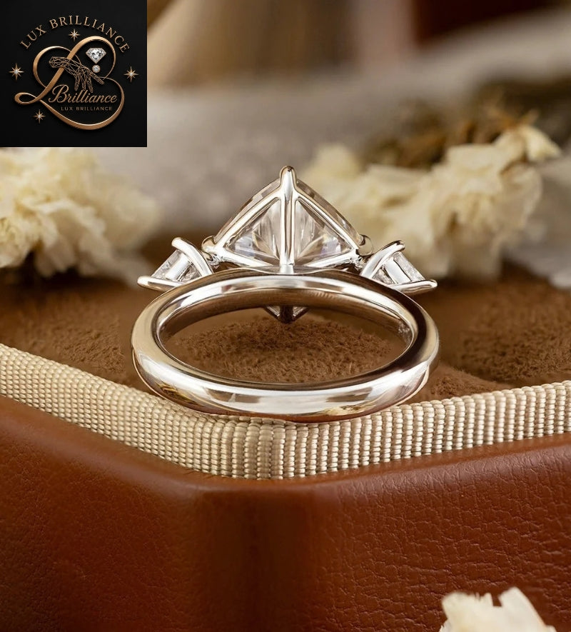 Three Stone Cushion Cut Diamond Engagement Ring with Kite Accent Stones | White Gold Diamond Wedding Ring