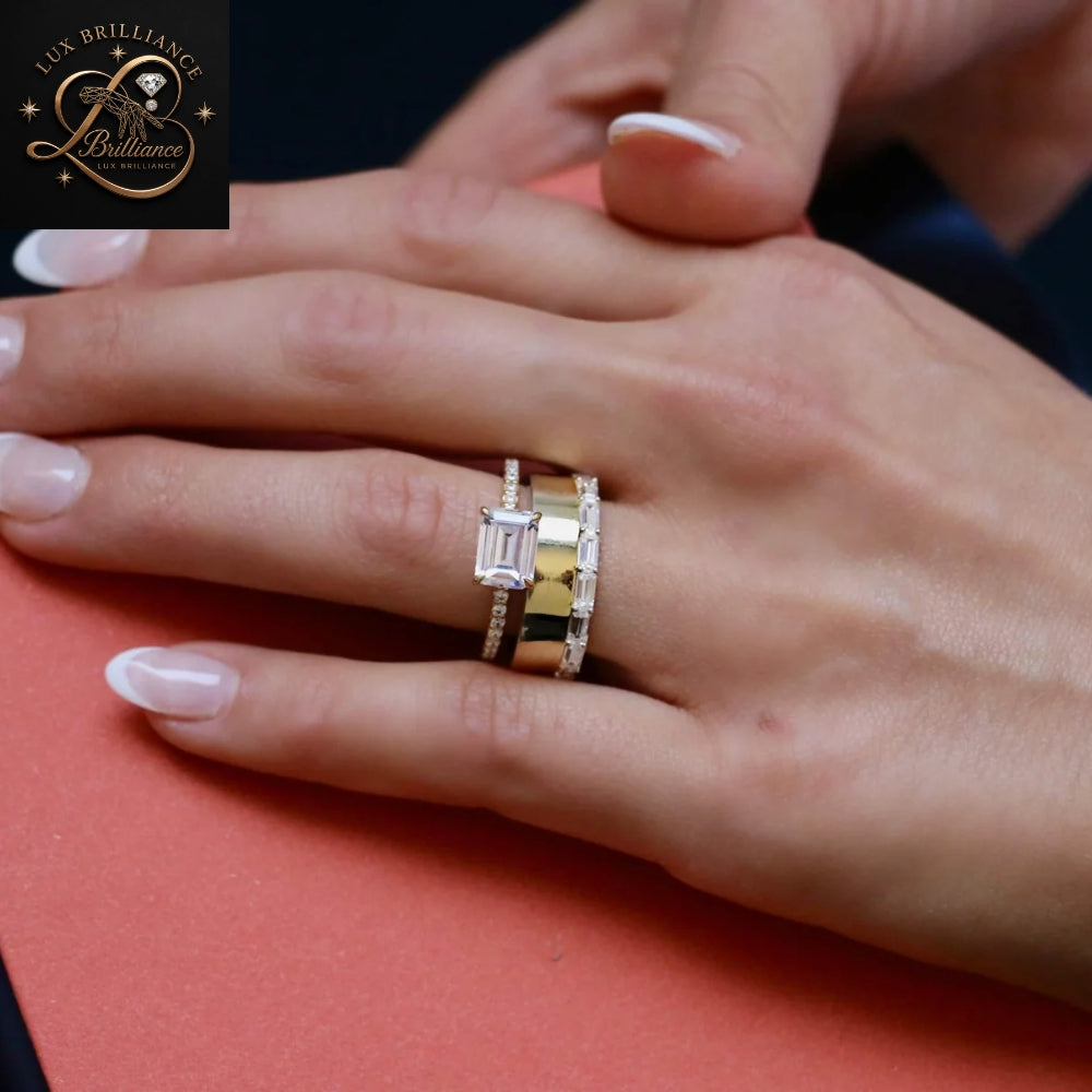 East West Emerald Cut Lab Diamond Engagement Ring | 14K Yellow Gold Pave Diamond Band | Solitaire Ring