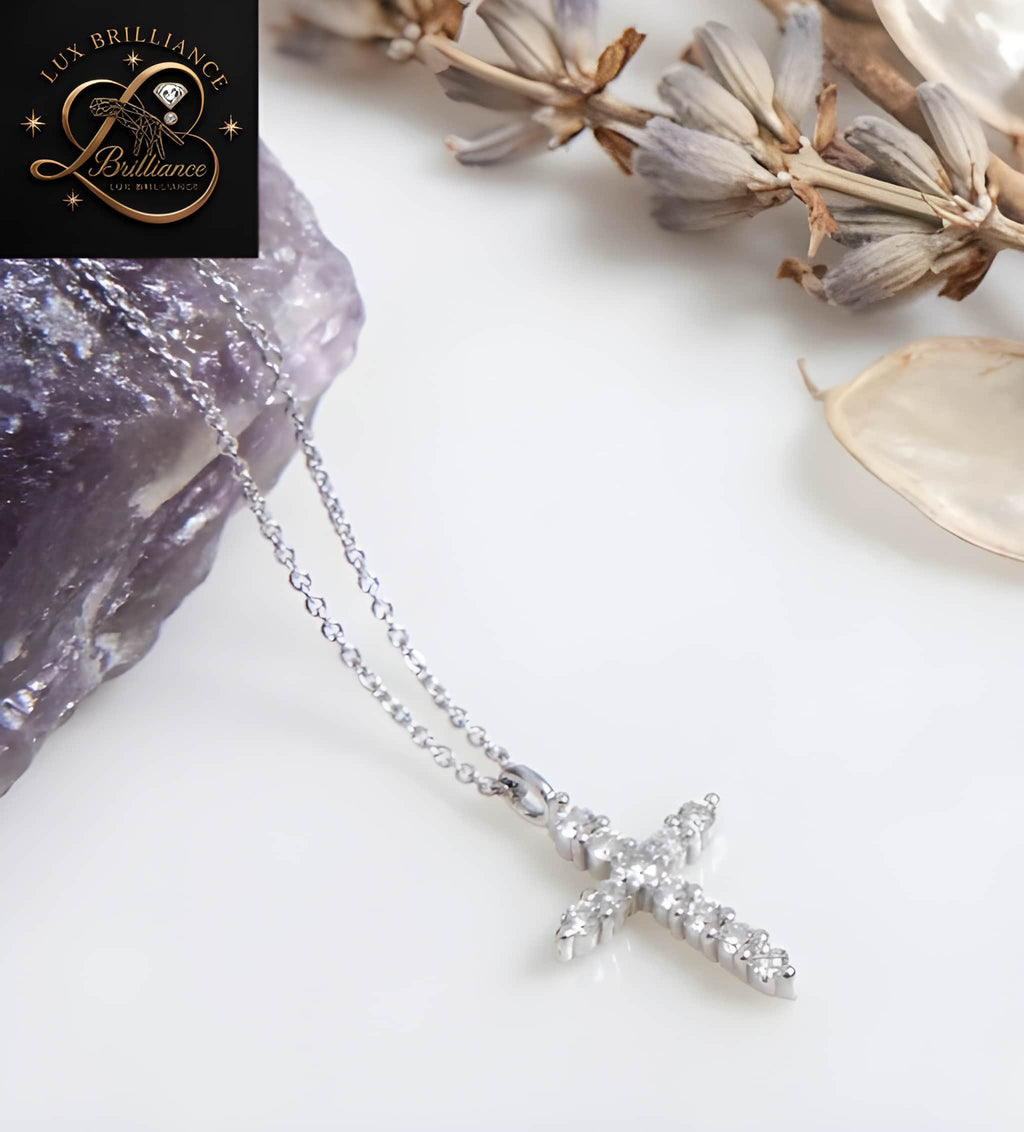 Delicate Round Cut Diamond Cross Pendant |  18k White Gold Cable Chain | classic pendant