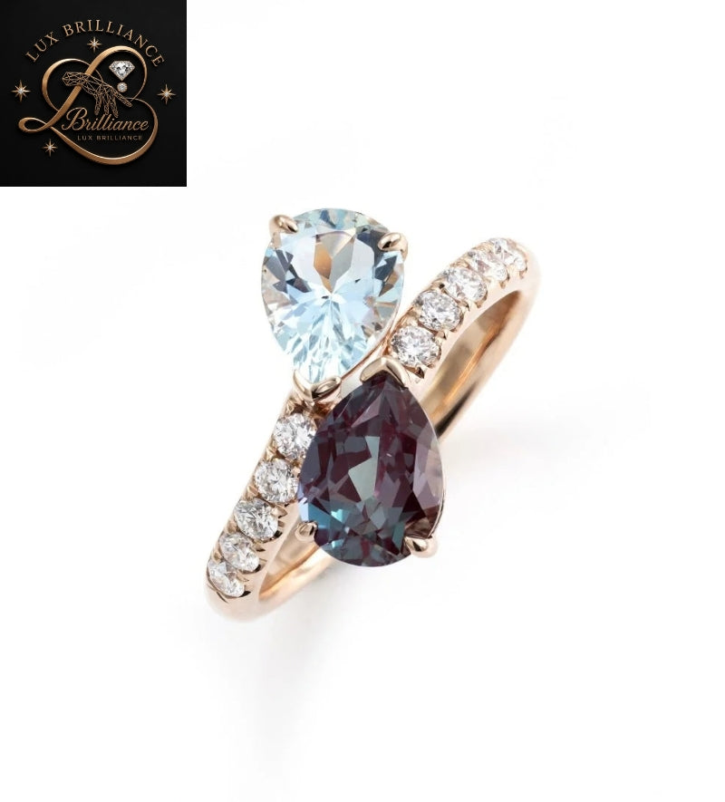 Toi et Moi Alexandrite & Aquamarine Pear Diamond Ring | 18K Rose Gold