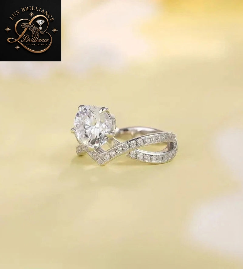 Round Cut Diamond Solitaire Engagement Ring | Criss-Cross Chevron Pave Band Ring