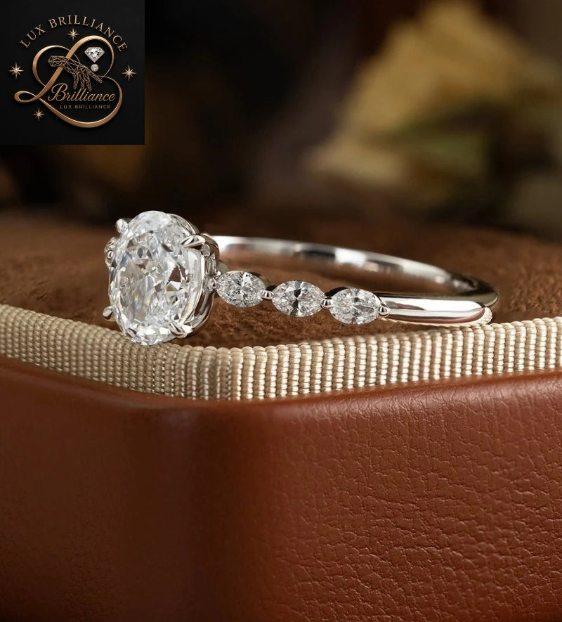 Antique Oval Cut Diamond Engagement Ring with Accent Side Stones in White Gold | Gift For Her