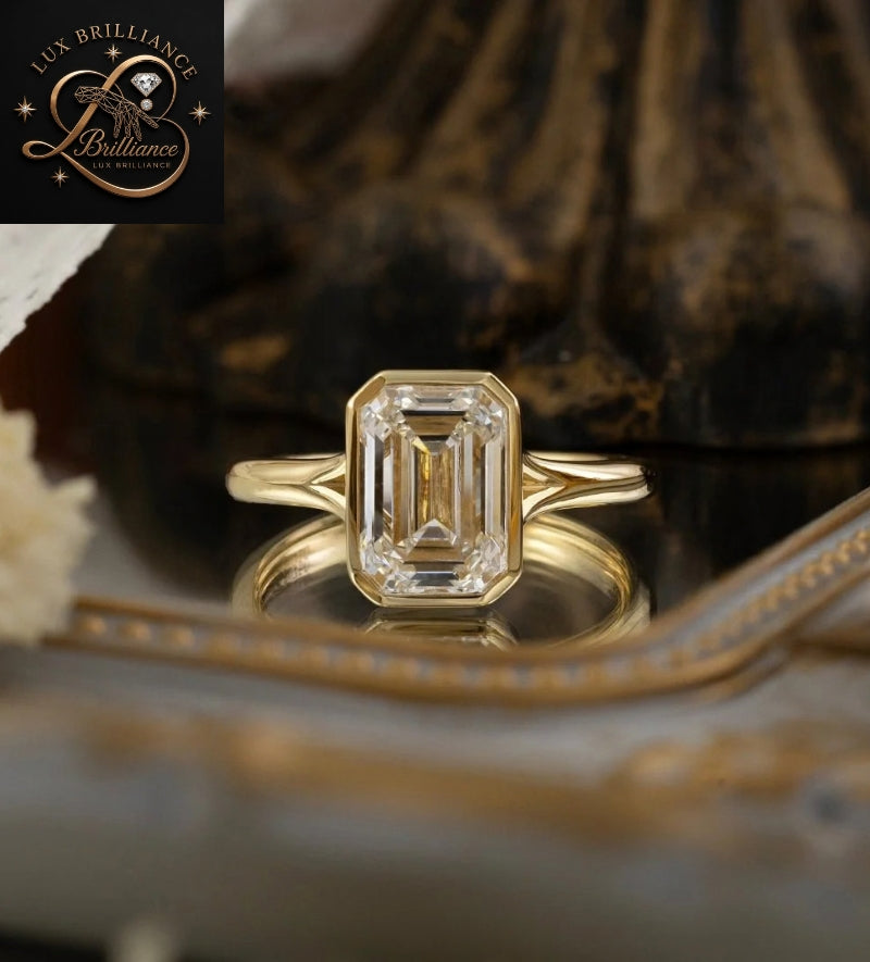 Modern Emerald Cut Diamond Bezel Set Ring | Solid Gold Solitaire
