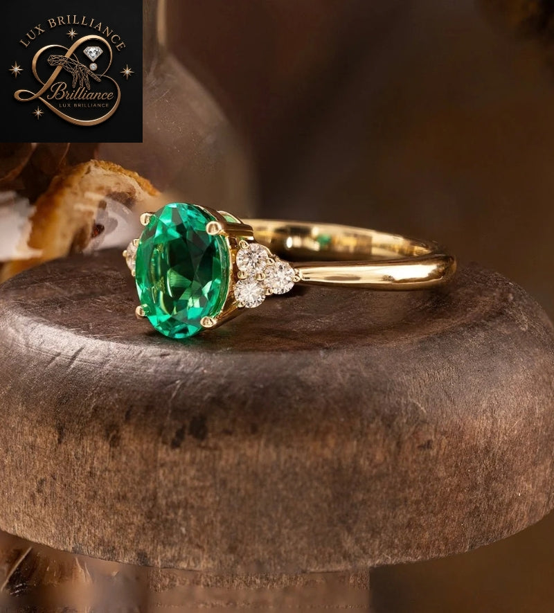 Vintage Green Emerald Oval Cut Diamond Ring with Round Diamond Clusters | Yellow Gold Band Ring